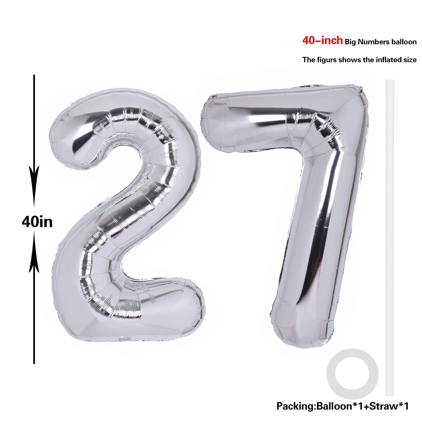 40 Inch Number 27 Balloon Silver Jumbo Giant Big Large Number 27 Foil Mylar Silver Balloons 72Th Birthday Party Anniversary Deco