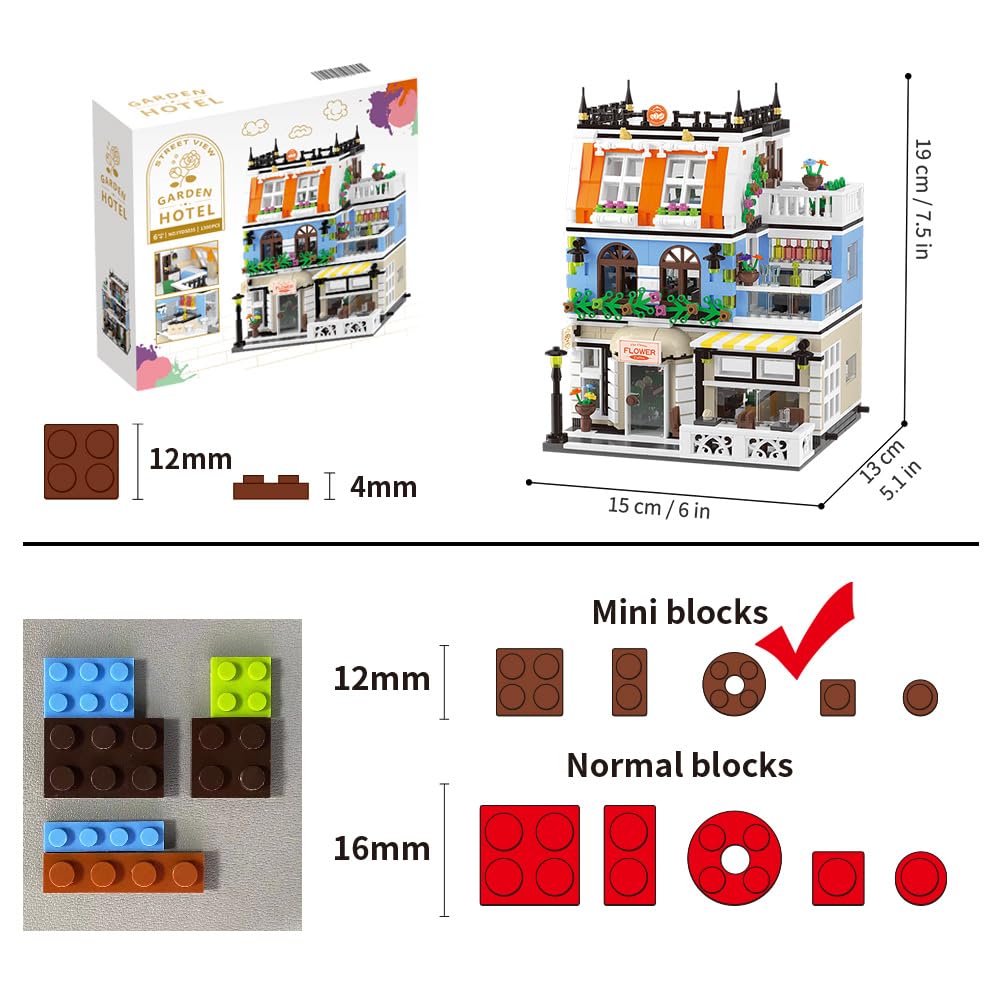 City Garden Hotel Building Sets,House Architecture Model Blocks Toys For Adults & Teens,1300 Pcs Mini Bricks With Led(Not Compat