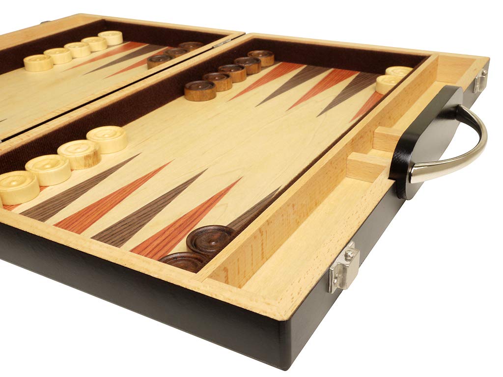15-Inch Wood Backgammon Set - Black/Zebra Wood Board - Oak Inlaid Wood Field