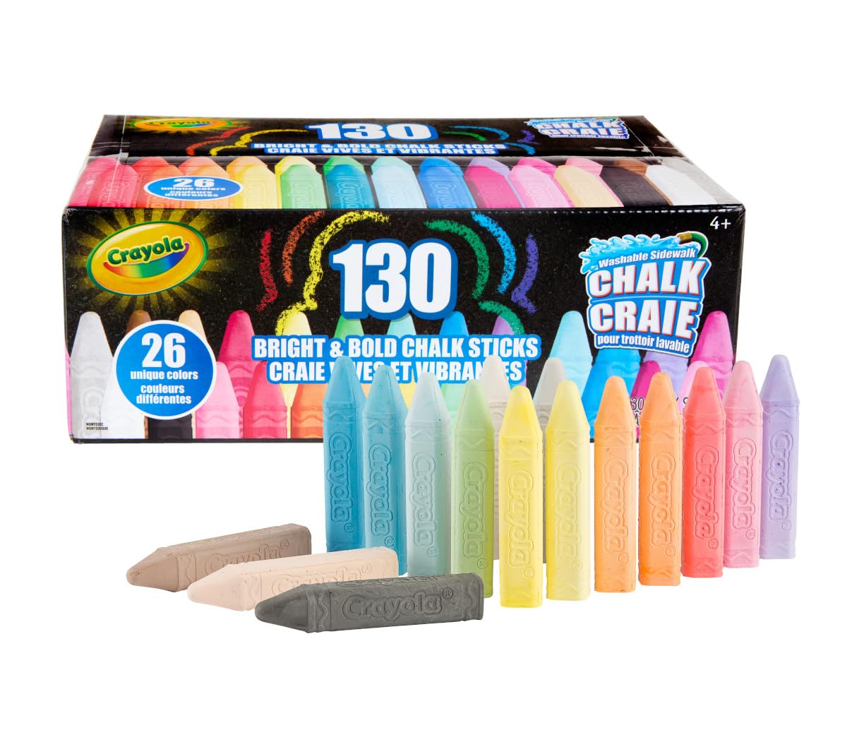 Crayola Washable Chalk Collection, 130 Anti-Roll Chalk Sticks, Bulk Sidewalk Chalk, Outdoor Chalk for Kids, Outdoor Toys for Kid
