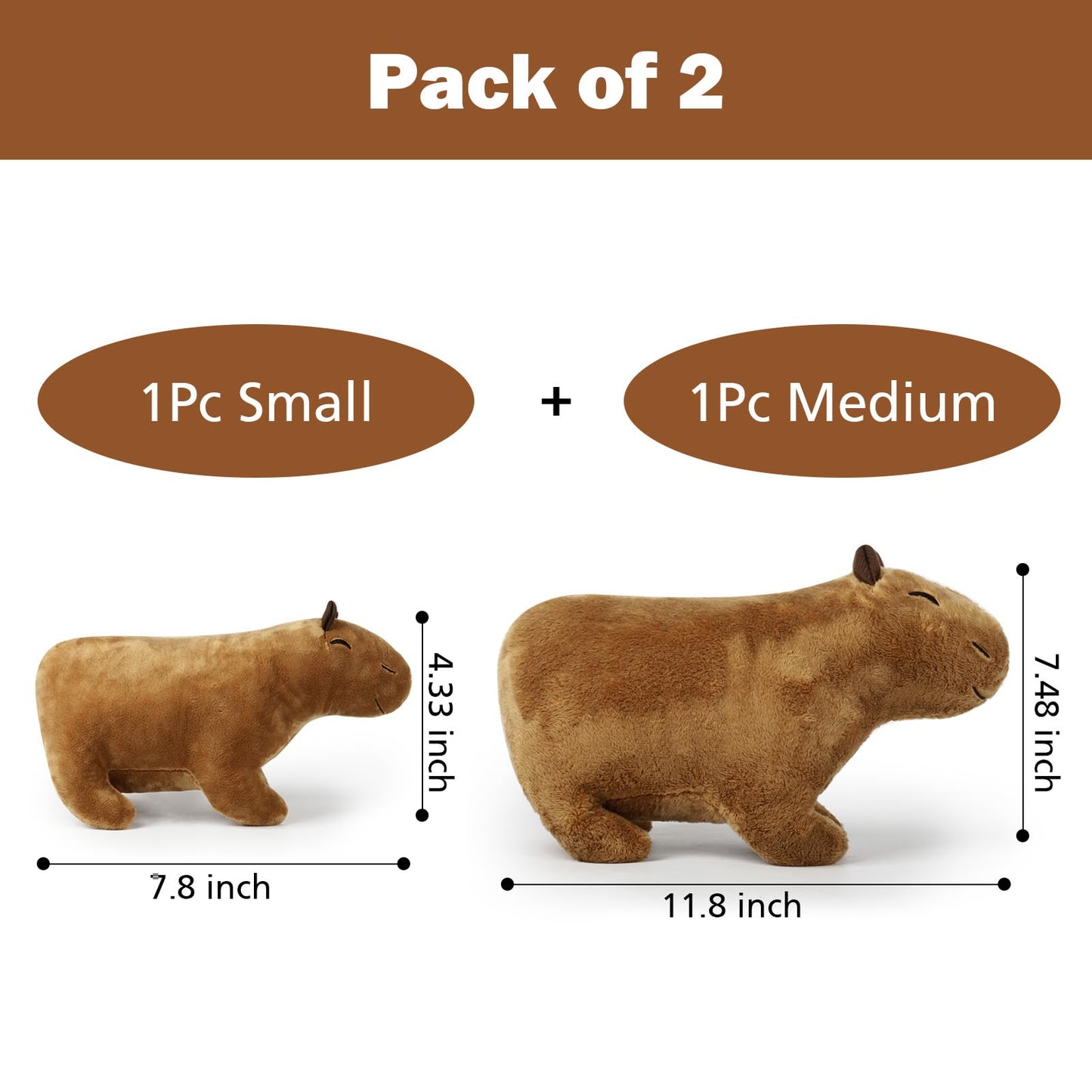 Evolveover Capybara Stuffed Animal,2Pcs Stuffed Capybara Plush Toy,Capybara Plushie Gifts(1Pc 7.8Inch + 1Pc 11.8Inch)