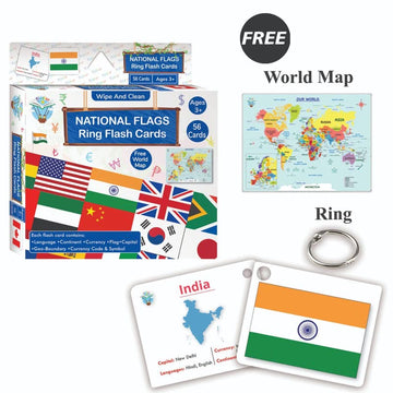 Tiddler World Country Flag Flashcards for Kids.56 Countries free World Map 52*39 cm & Ring IWipe & Clean National Countries, Cap