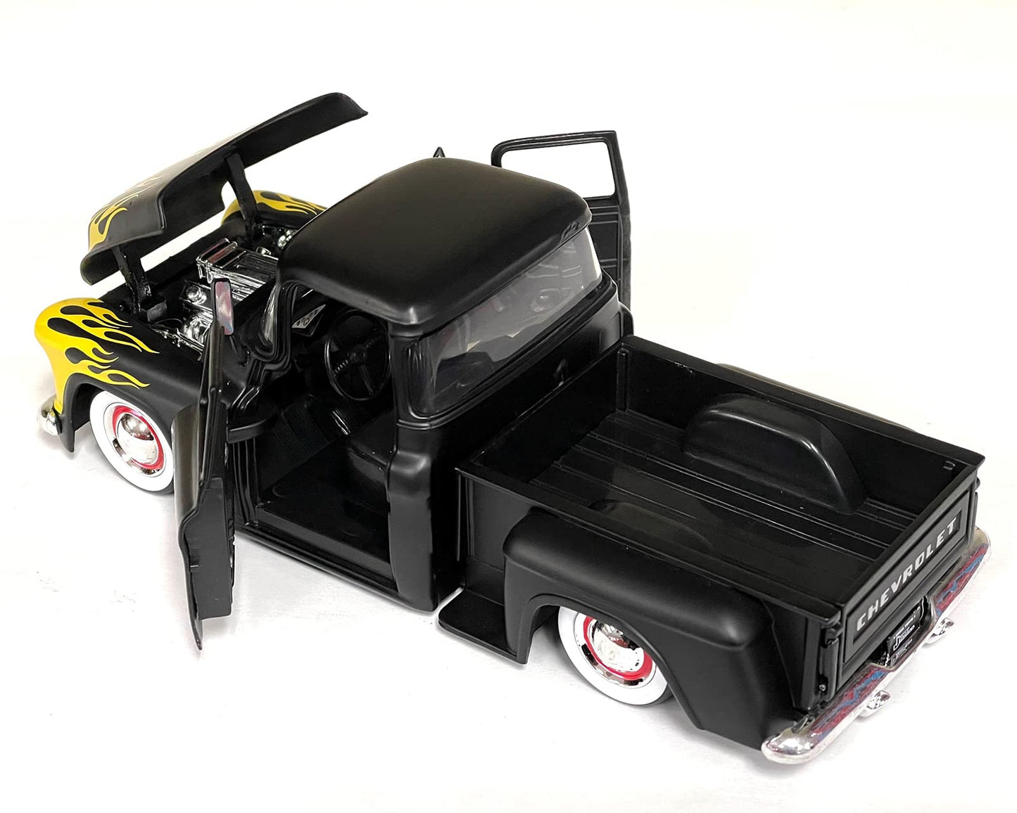 MiJo Exclusives Jada Toys 1:24 1955 Chevrolet Stepside Truck - Matte Black with Yellow Flames - Just Trucks - 34294