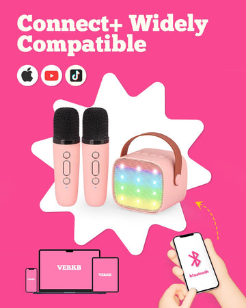 Verkb Kids Karaoke Machine, Kids Toys Birthday Gift For Girls, Mini Portable Bluetooth Speaker With 2 Wireless Microphone For Gi