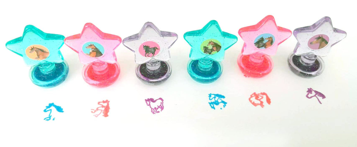 TINYMILLS 24 Pcs Horse Pony 2 in 1 Stackable Stacking Crayon with Extra Stamper Topper, Kids Party Favors, Goodie Bag Stuffers,