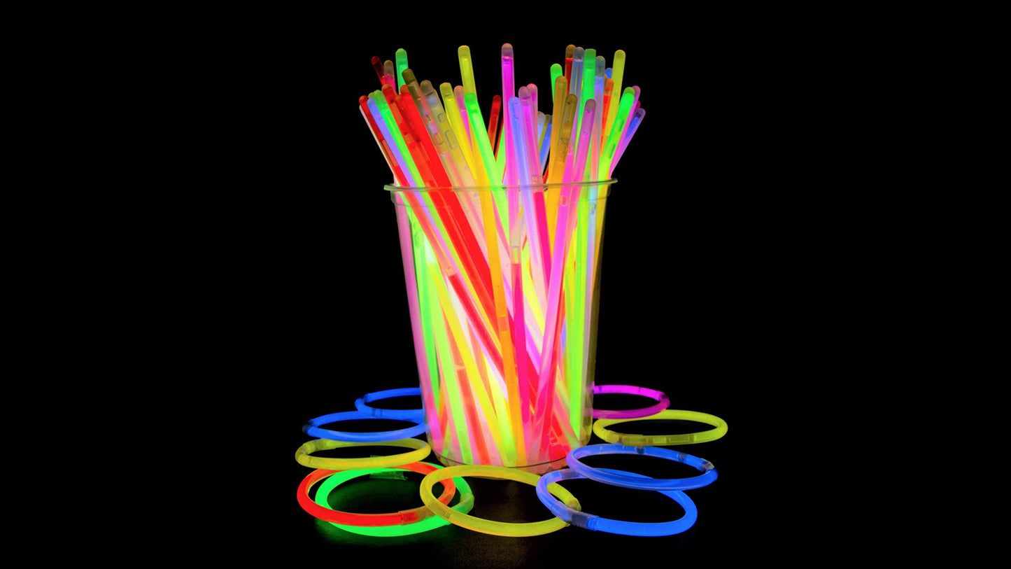 Crown Display Glow Sticks Party Package Includes 100 X 22 Glow in The Dark Necklaces & 100 X 8 Light Up Bracelets Comes in A Variety of Colors & Added Bonus Connectors
