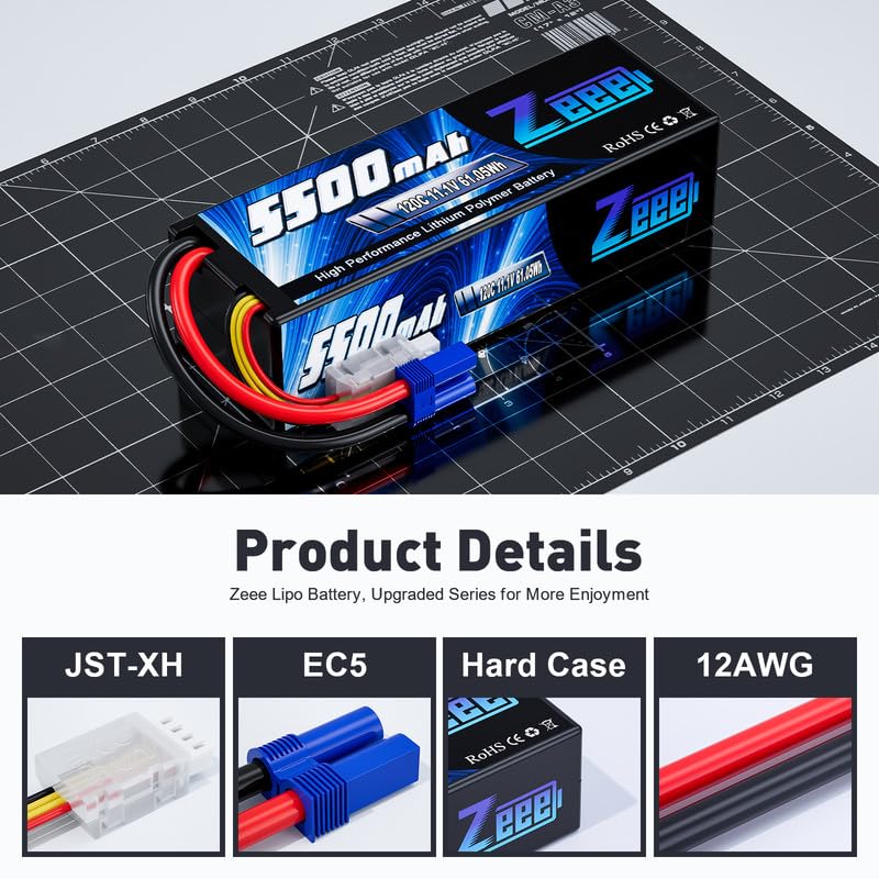 Zeee 3S Lipo Battery 5500mAh 11.1V 120C Hard Case RC Battery with EC5 Connector for RC Car 1/8 1/10 Scale Vehicles Tank Truck Bo