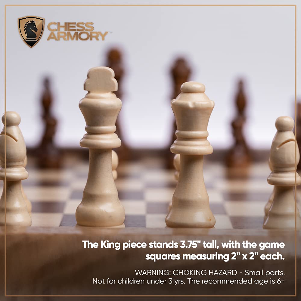 Chess Armory Wooden Chess Set - 17" Walnut Chess Board for Adults & Kids, Ivory Color, Includes Extra Queen Pieces & Storage Box