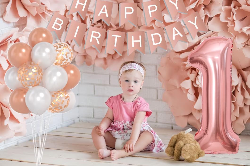 Rose Gold 40Inch Number 1 Balloon, First Birthday Decorations For Girl With Rose Gold White Confetti Balloons, Happy Birthday Ba