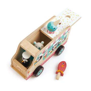 Tender Leaf Toys - Penguins Gelato Van - Food Truck Style Pretend Play, Ice Cream and Ice Lolly Wooden Vehicle - Encourage Role