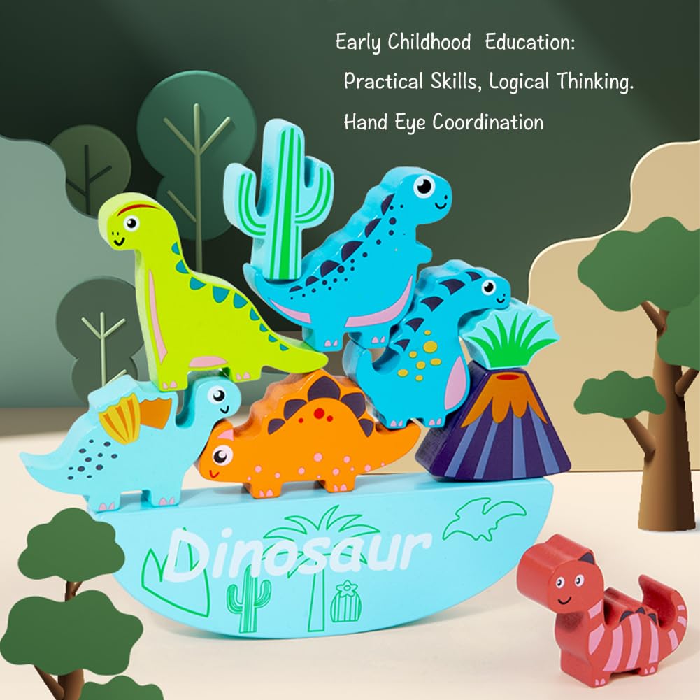 Licraft Dinosaur Wooden Stacking Toys For 3 4 5 6 7 8 Year Old Boys Girls Balance Competition Game For Family Birthday Dinosaur