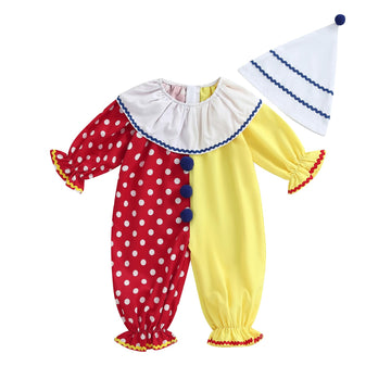 Aiwpstoin Toddler Baby Clown Costume Boy Girl Funny Halloween Outfit Contrast Color Long Sleeve Jumpsuit with Hat (Red, 6-12 Mon