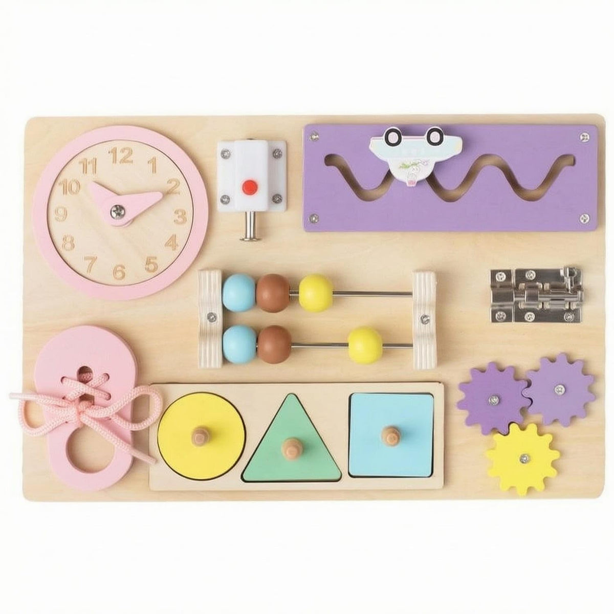 Zoomella Natural Wood Educational Busy Board HandsOn Wooden Busy Board PinkAccented Interactive For Toddlers, Preschoolers, Ea
