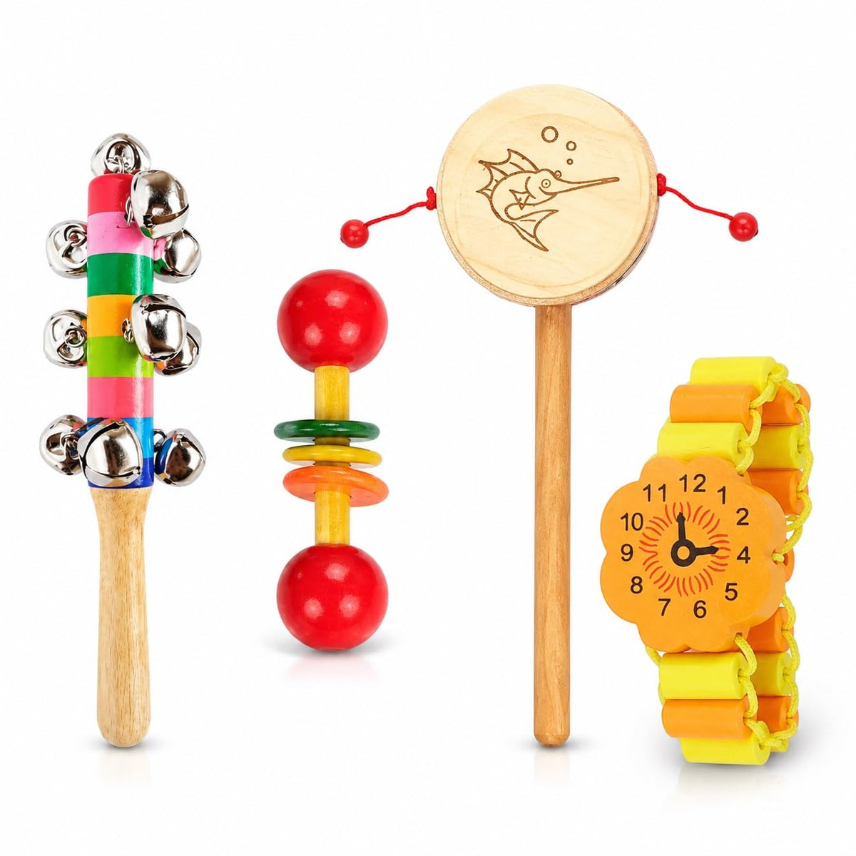 Little Mind Knk Wooden Baby Rattle Musical Toy Set  Damru Drum Rattle, 10 Bell Stick, Dumbbell Shaker & Watch Rattle | Colorful
