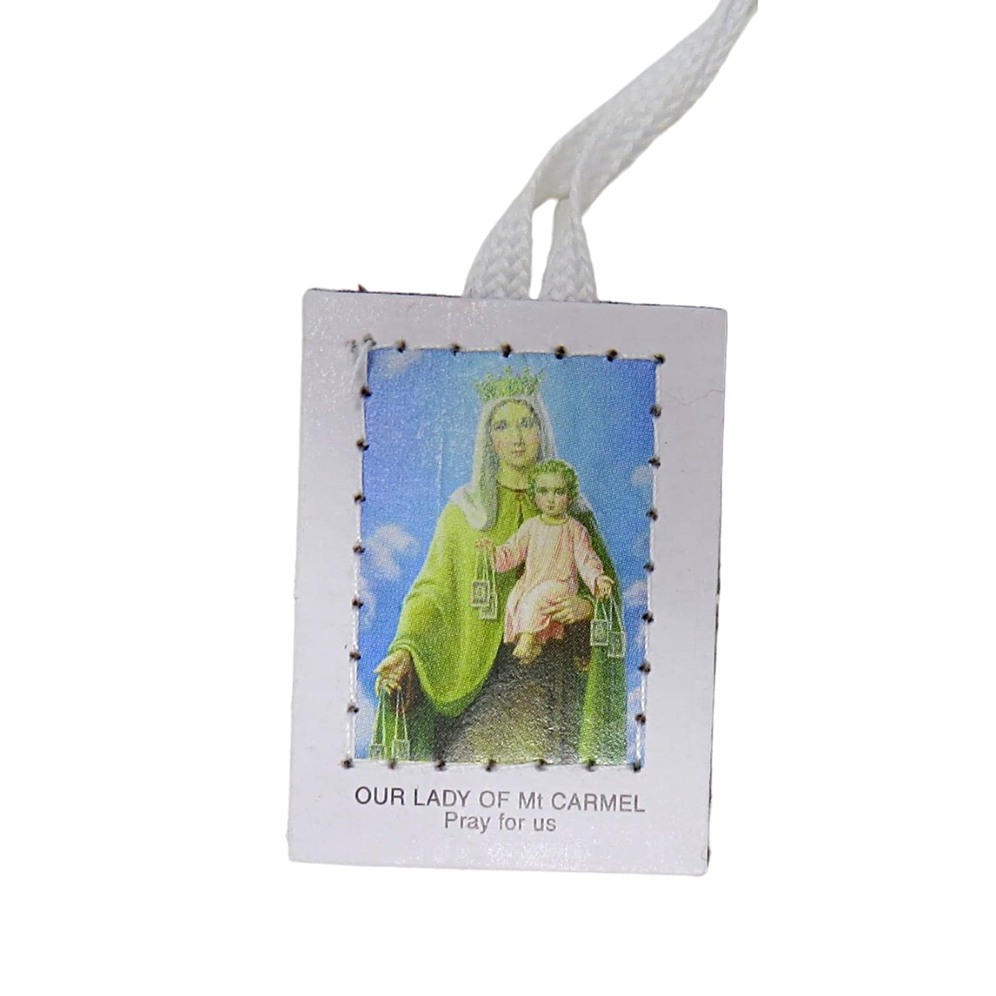 White Scapulars Catholic Necklace, Full Color Our Lady Of Mt Carmel And St Simon Stock Scapular, 5 Pack
