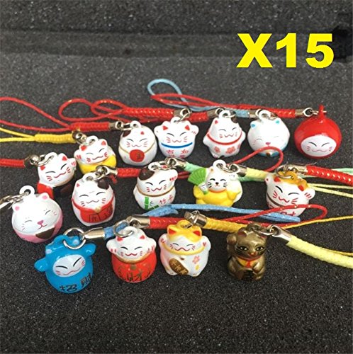 Eatingbiting 15Pcs Random Maneki Neko Fortune Lucky Japanese Beckoning Cat Keyring Keychain Key Rings, Fengshui Fortune Lucky Cat Kitty Key Chains Wealth Health Fortune Rich Money Symbol 15 Pack