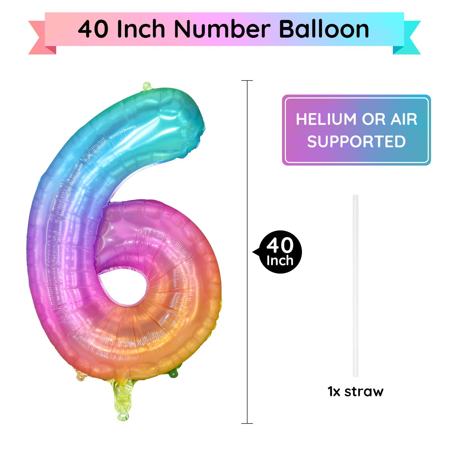 Paticool Rainbow Number 6 Balloon, 40 Inch Large Number Foil Mylar Balloons For 6Th Girl Boy Birthday Party Celebration Decorati