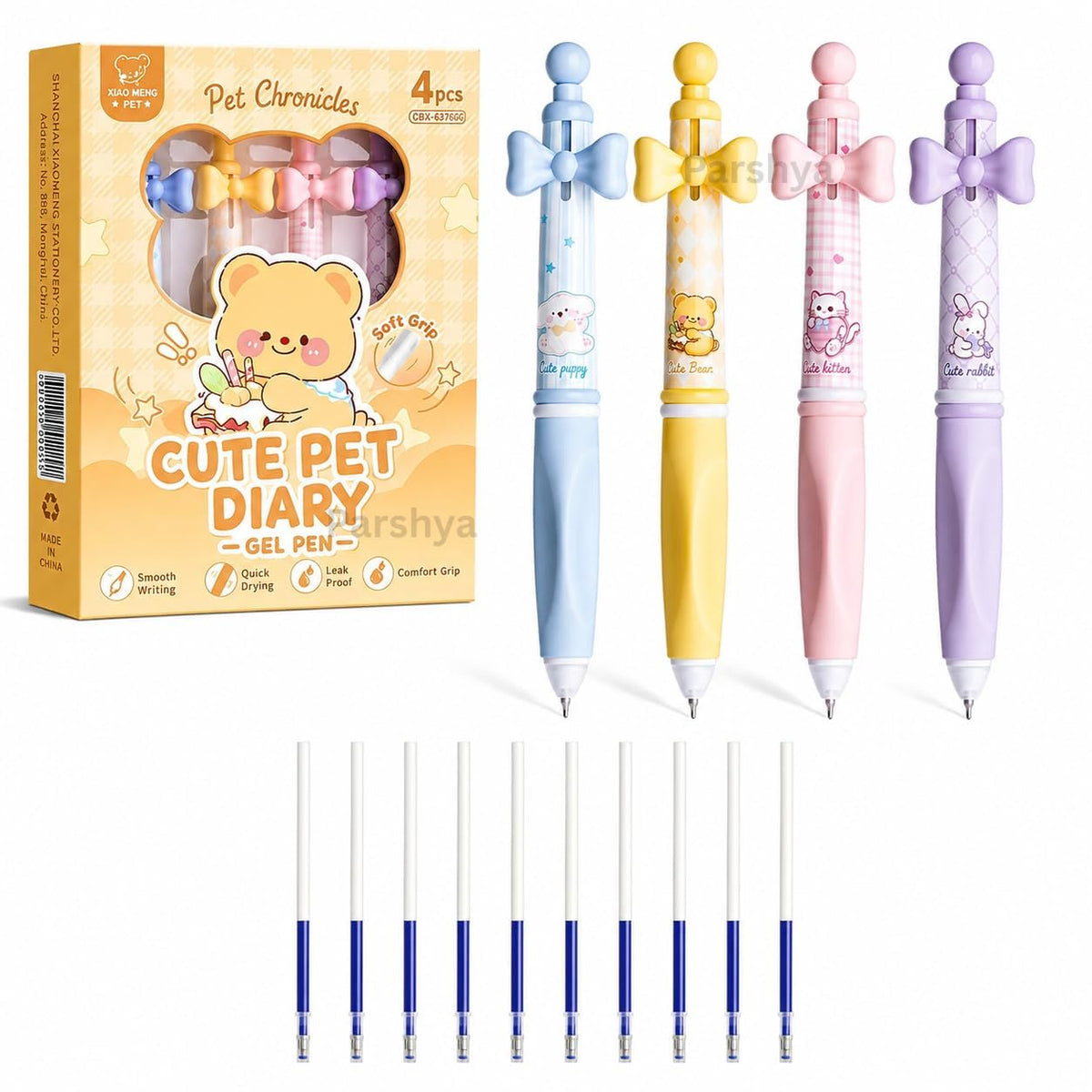 Sucquiri Erasable Gel Pens for Kids & Students, Blue Ink 0.5mm Fine Tip, 4 Cute Colour Pens with 10 Extra Refills,Retractable Wr