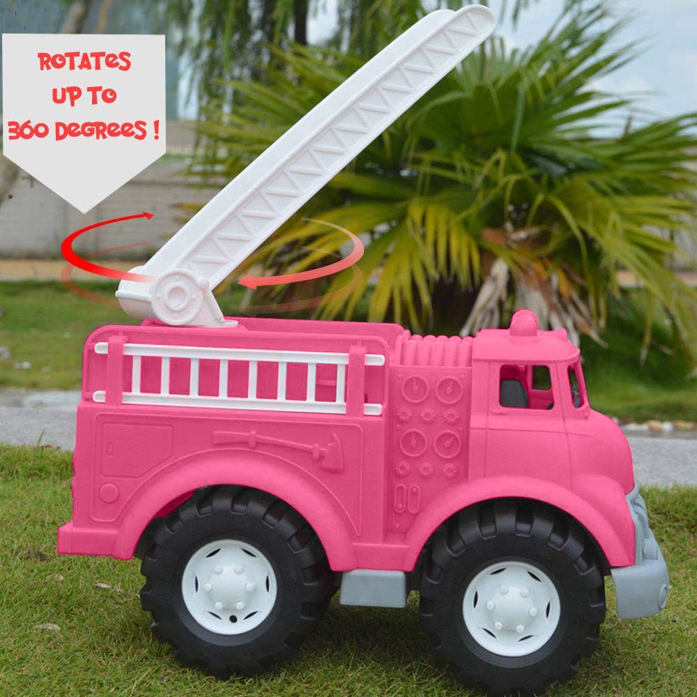 Big Plastic Toy Fire Truck for Toddlers Boys and Girls | Pink Fireman Engine Vehicle with Rescue Ladders for Indoor and Outdoor