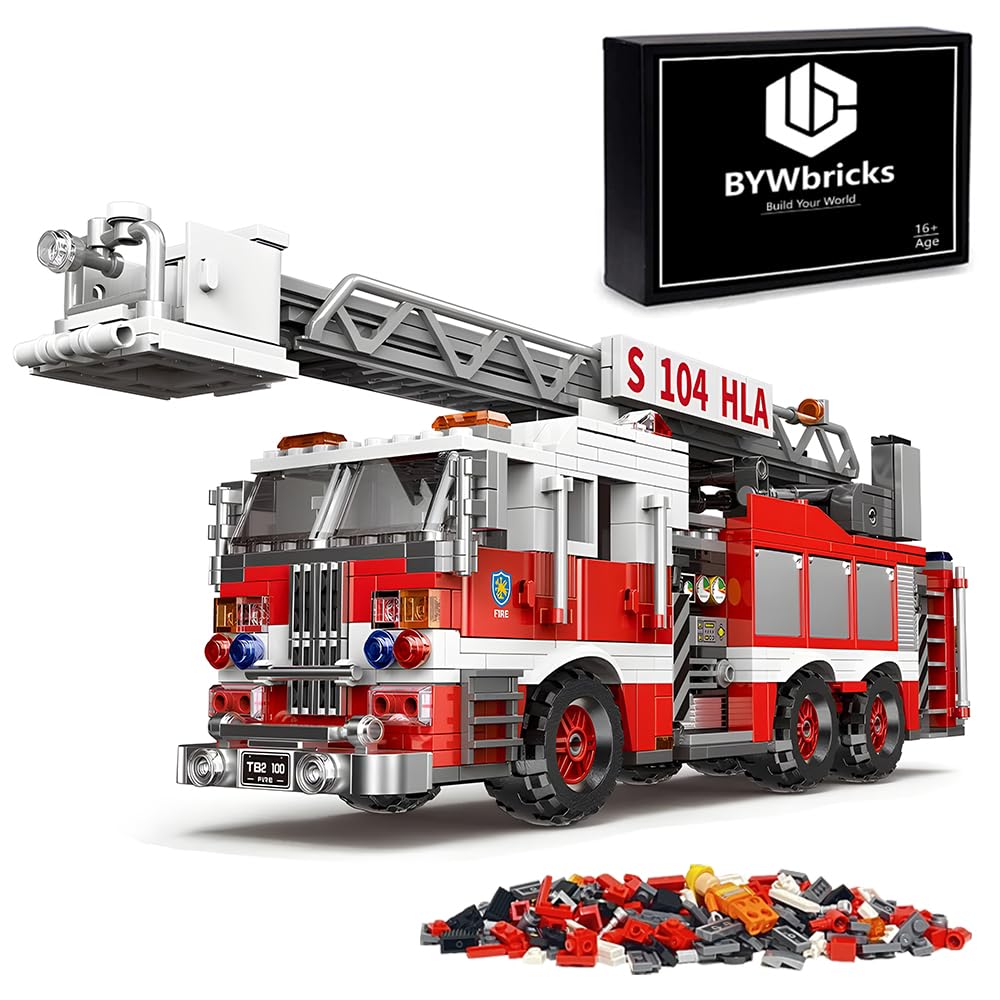 BYWbricks City Ladder Fire Truck Building Blocks Set - 711 pcs, Plastic, 11.6" x 3.74" x 5.03", Model 03031, Gift