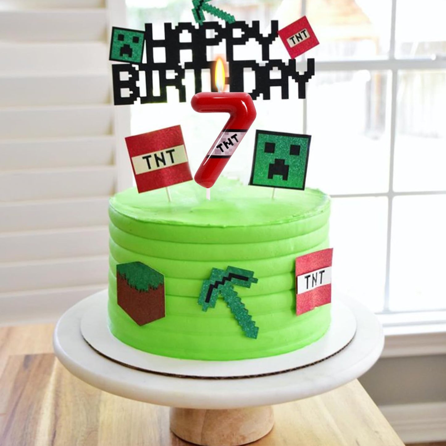 TNT Themed Birthday Candles for Boys Girls, Craft Pixels Cake Topper, Kids Themed Birthday Party Supplies (Number 7-Red)