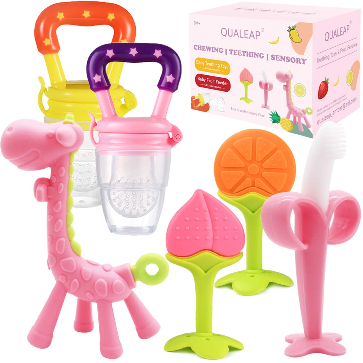 Medical-Grade Teething Toys For Babies 0-6 6-12 12-18 Months - With 4    Adorable Baby Teethers & 2    Baby Fruit Feeders - Soft
