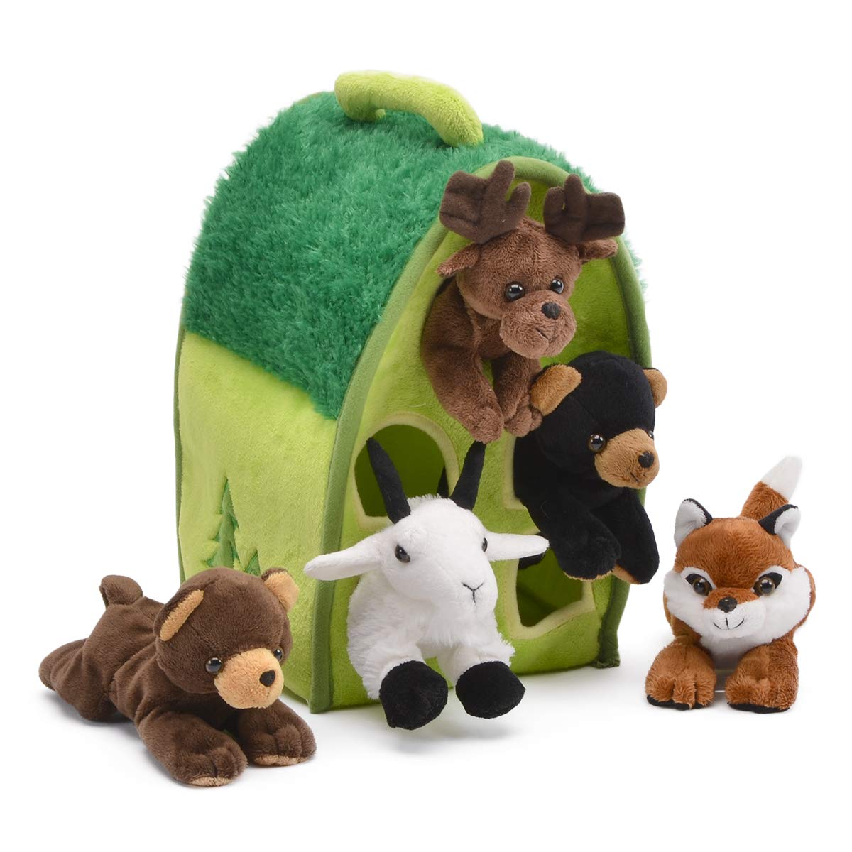 Plush Forest Animal House With Animals - Five (5) Stuffed Forest Animals ( Brown Bear, Black Bear, Moose, Frog, Fox) In Play Forest Carrying House