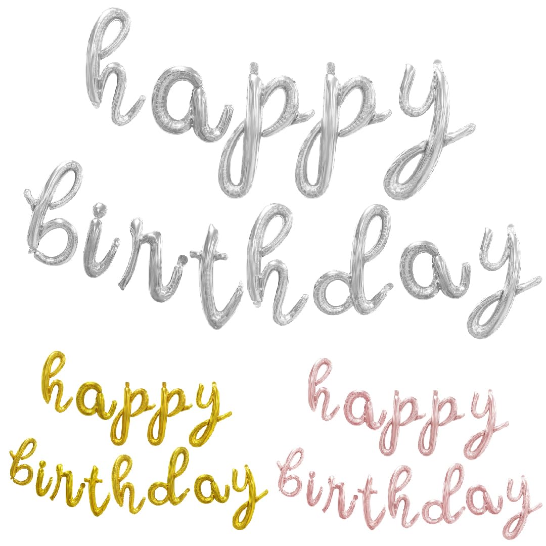 Balloon Vibe Rose Gold Happy Birthday Balloon Banner - Script/Cursive Mylar Foil Letters Banner For Birthday Decor - Happy Birth
