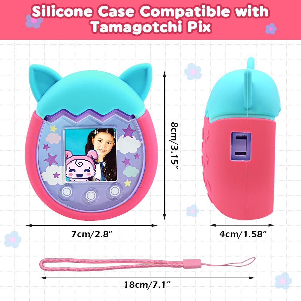 Winceed Silicone Case For Tamagotchi Pix Virtual Pet Game Machine, Protective Cover For Tamagotchi Pix Sleeve Protector Skin With Hand Strap (Turquoise+Pink)
