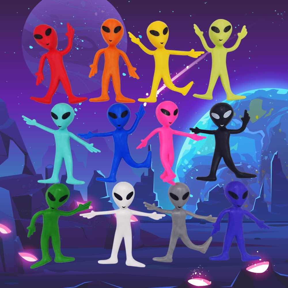 Artcreativity Bendable Alien Figures (Set Of 12) Bendable Alien Toys For Kids, Alien Party Favors For Boys And Girls, Stress Relief Fidget Toys For Kids, Goodie Bag Stuffers, And Pinata Fillers