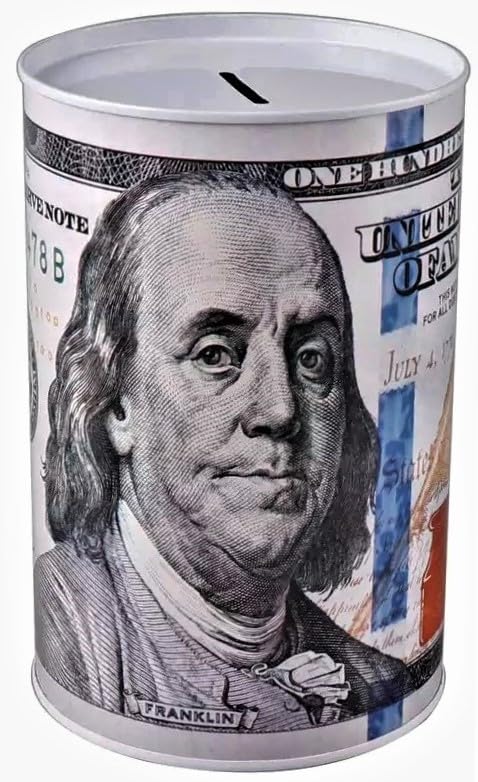 Metal Piggy Bank $100 Dollar Bill 8.5inch Money Bank For Adults Kids Coin Saving Tin Can Currency Banknote Jar (Benjamin Franklin L