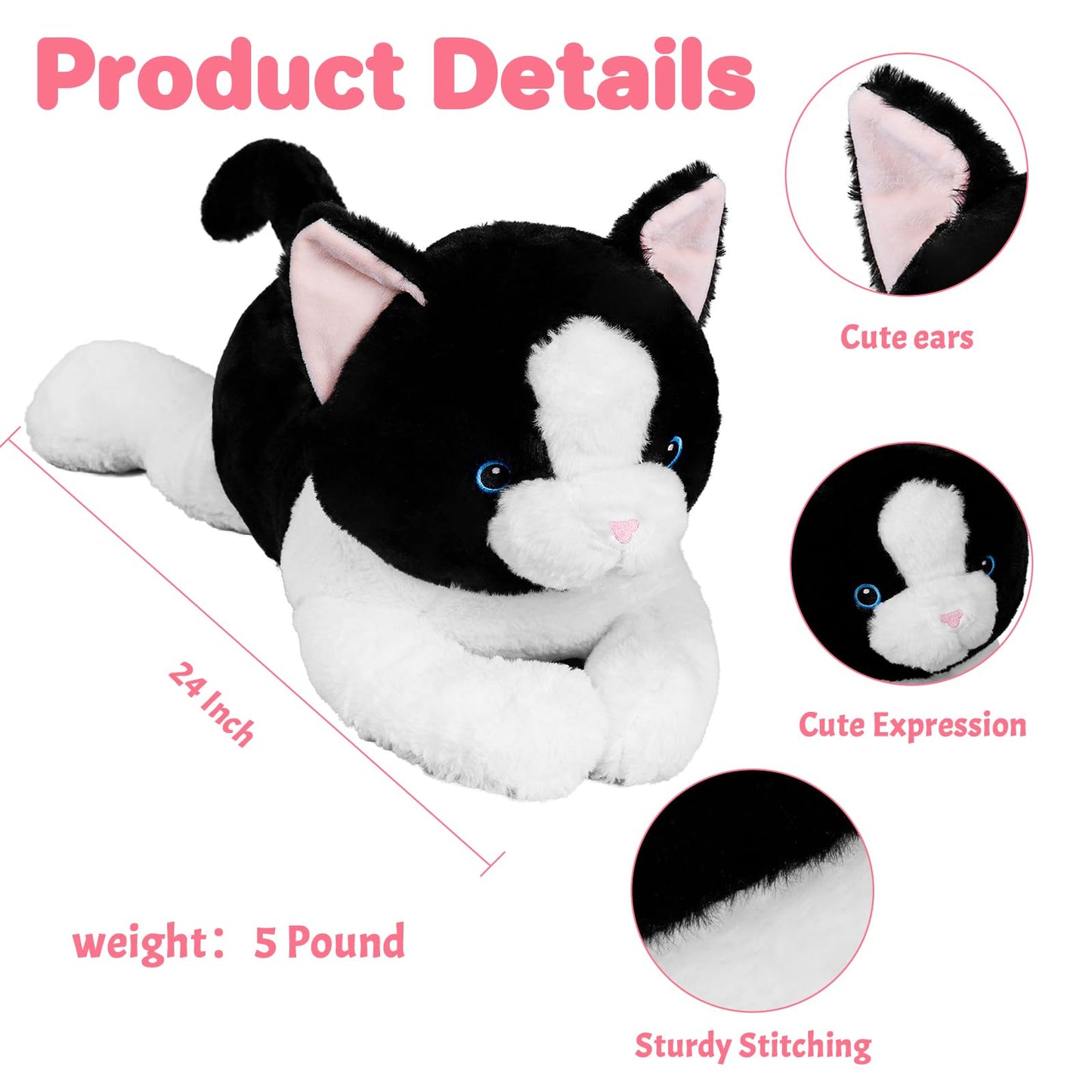 Wepop 24in Big Cat Plush - 5lb Weighted Stuffed Animal, Soft Polyester Pillow for Adults, Boys, and Girls