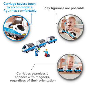 Hape Intercity Train Toy Set, 7 Pack with Magnetic Carriages, 10.63" x 1.5" x 1.97", Multicolor, Includes Passenger & Driver Figur