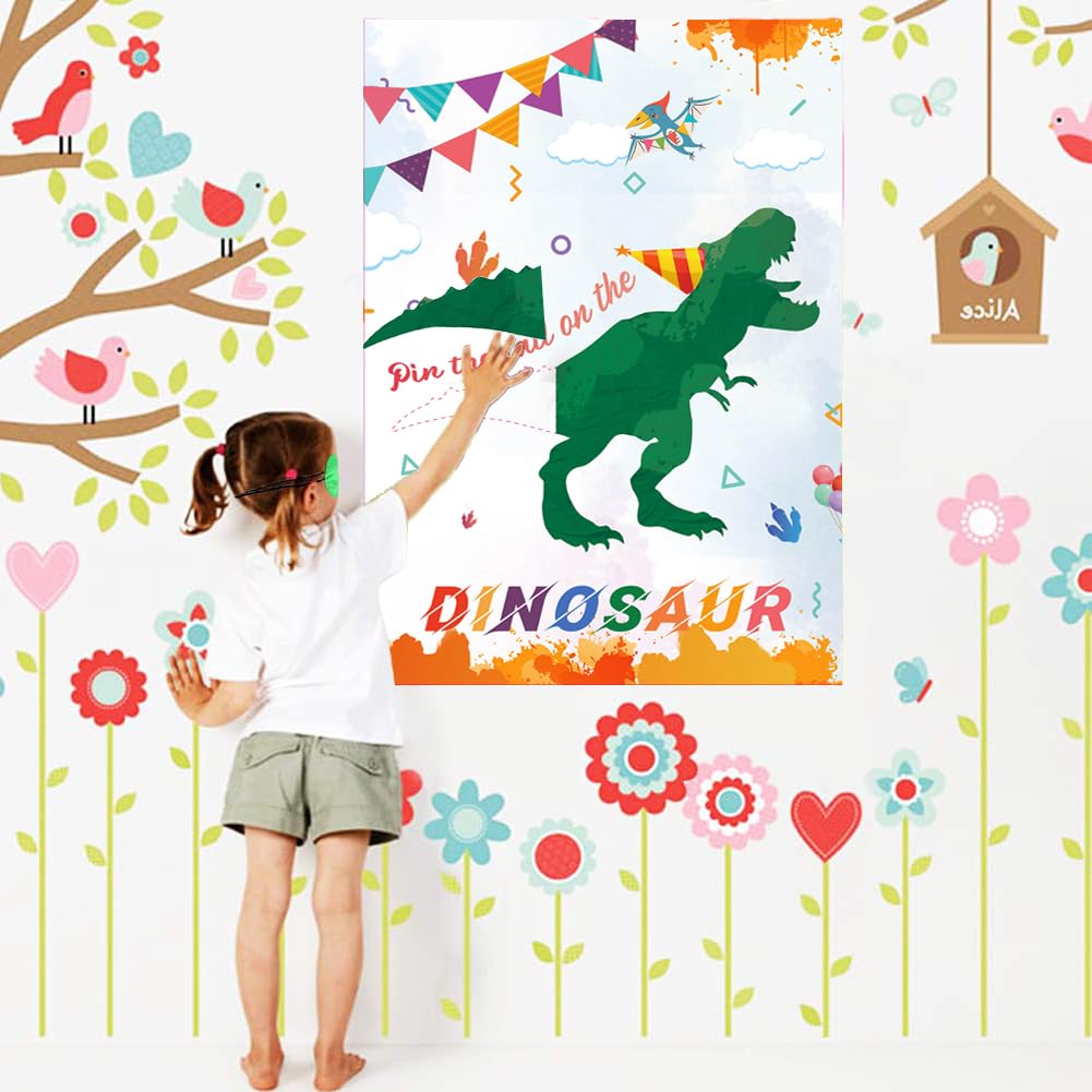 Pin The Tail On The Dinosaur Game -Dinosaur Party Games For Kids Boys With 21'' X 28'' Poster, Reusable Tails Party Supplies For