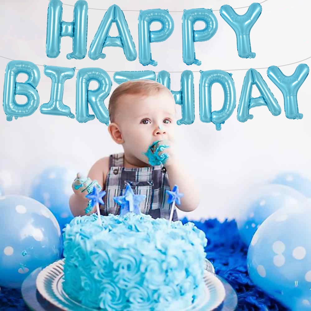 Toniful Light Blue Happy Birthday Balloons Banner, 16 Inch Mylar Foil Letters Sign Bunting Reusable Ecofriendly Material For Gir
