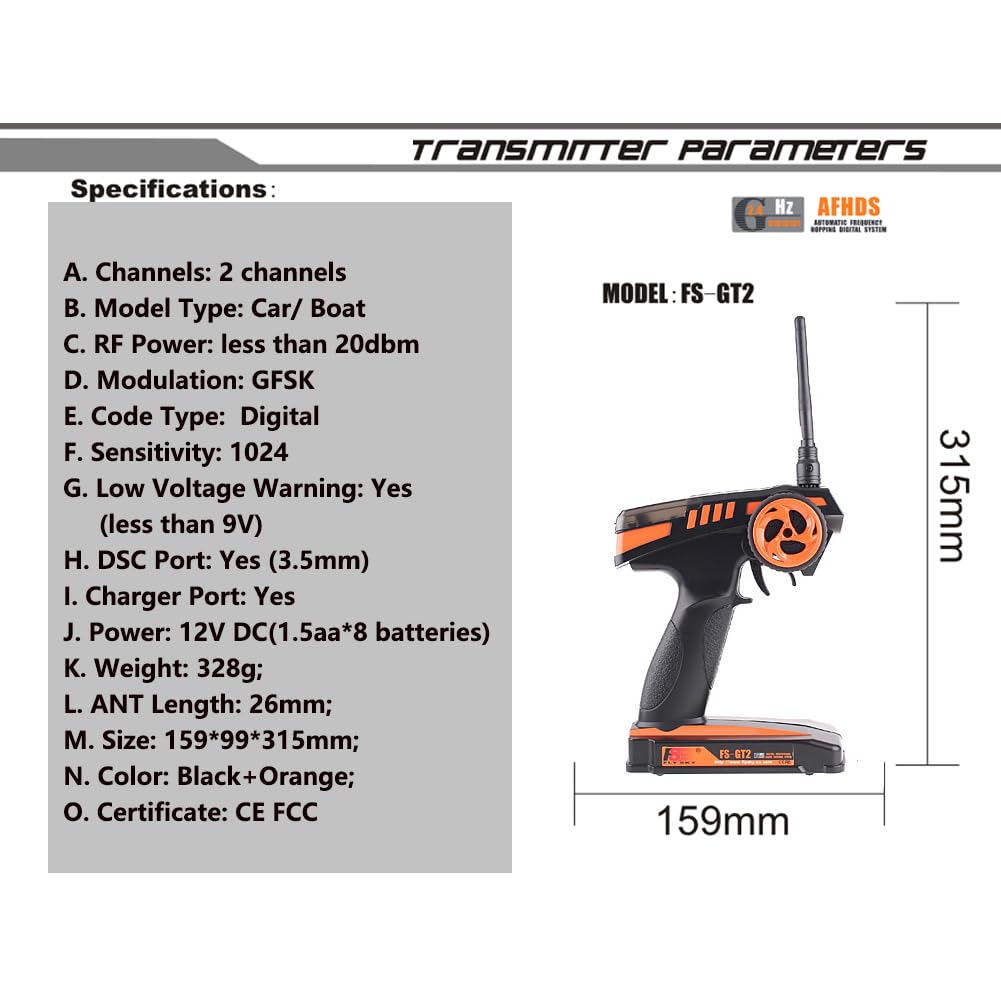 Flysky FS-GT2 RC Transmitter with FS-GR3E Receiver, 2.4GHz 2 Channels Radio Controller and 3 Channels Receiver for RC Car Boat