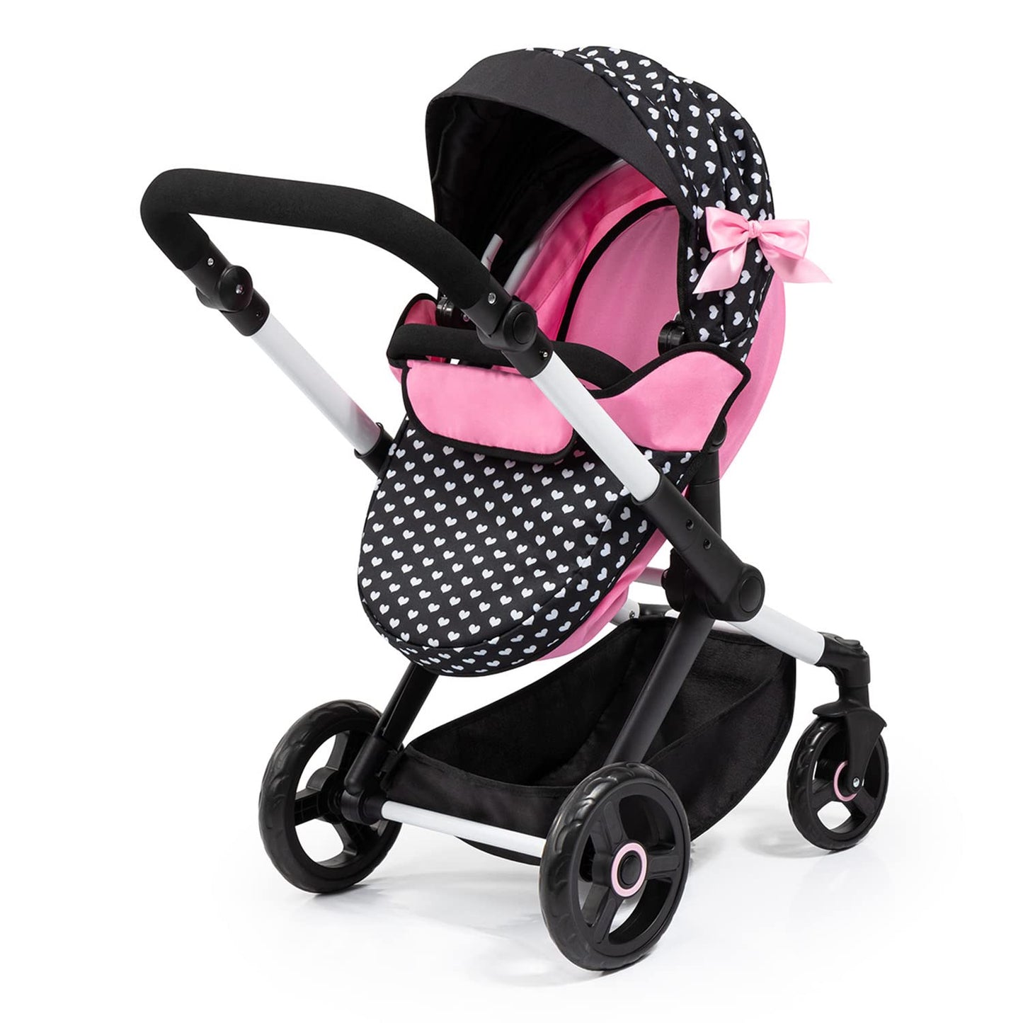Bayer: Pram Xeo, Hearts Black & Pink - Matching Handbag, Adjustable Handle, For Dolls Up To 20, Ages 3+ | Baby Dolls | Dress Up