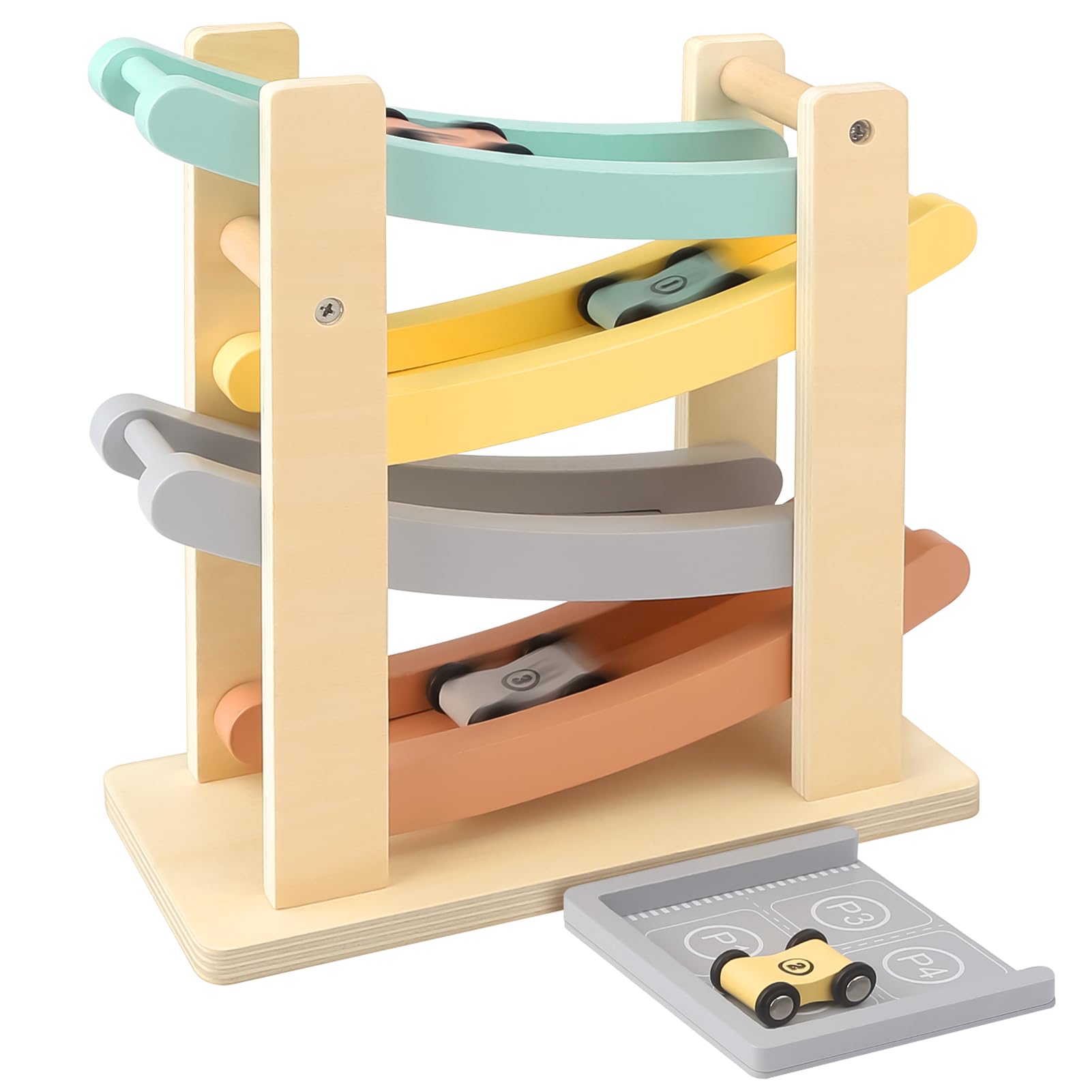 Wooden Car Ramp Toy For 1-2 Year Old Boy Girl Gifts - 4 Level Toddler Car Ramp Race Track Set With 4 Mini Cars & Garage - Montessori Baby Toys For 1 Year Old Christmas Birthday Gifts