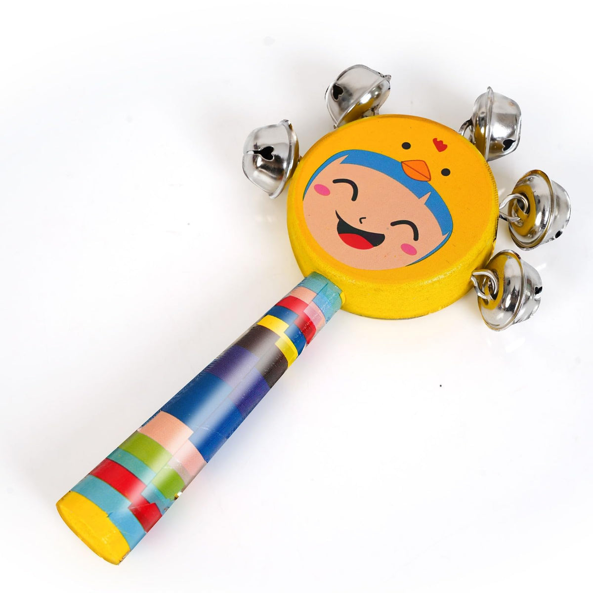 Littleloot Baby Handle Jingle Bell Rattle  Wooden Sensory Toy With Gentle Sound, Soft Grip, Colorful Face, Safe NonToxic Baby 