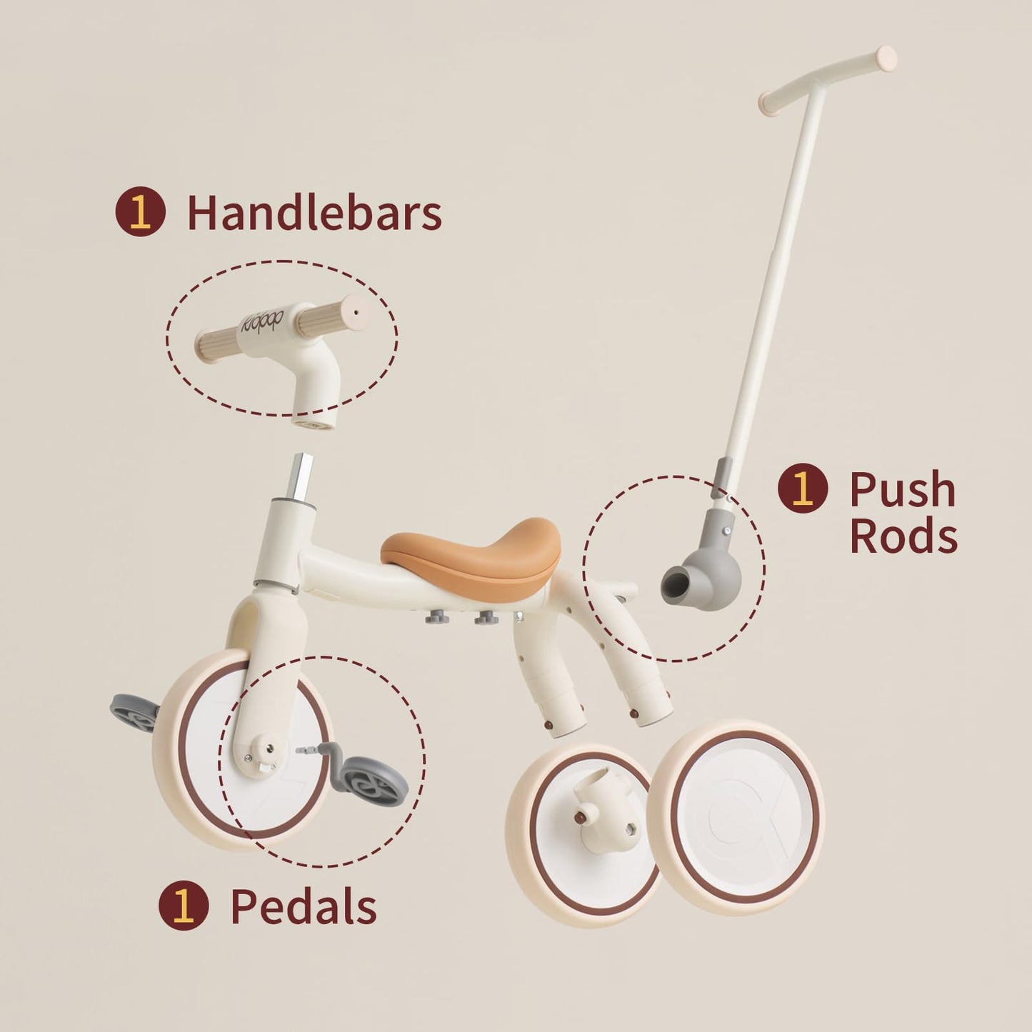 kidpop 4-in-1 Toddler Tricycle - Adjustable Push Handle, Removable Pedals, Small, Beige, Model KPA3007E