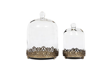 12' Tall Large Sturdy Handmade Glass Cloche Dome With Metal Base 11.4' H X 8' And 8' H X 5.5' In Set Of 2 In Gold For Plant, Terrarium, Collectibles, Candle. Cloche Glass Dome, Bell Jar Display Case