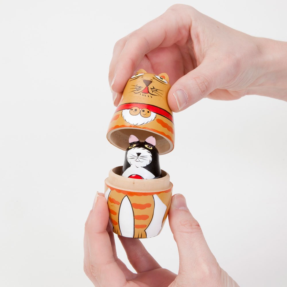 Bits And Pieces - ''Cleo & Friends Nesting Cats-Hand Painted Wooden Nesting Dolls Matryoshka - Set Of 5 Dolls From 7'' Tall With