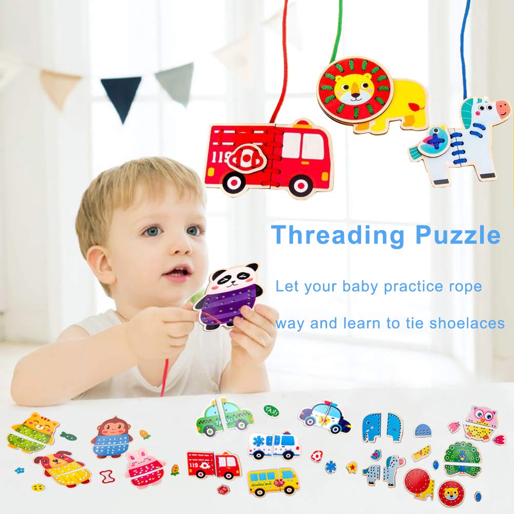 Promise Babe 5 Pack Animals Lacing Cards Wood Block Puzzle Threading Toys Montessori Toy Sewing Cards For Toddler Educational Pr