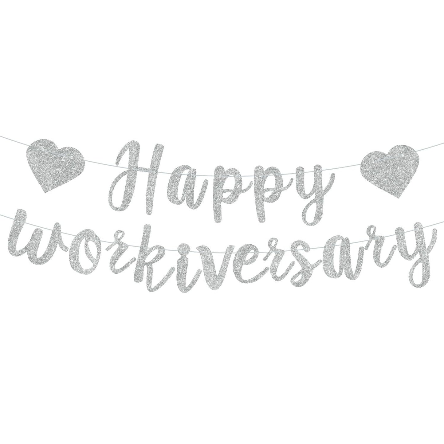 RICHHHA Silver Glitter Happy Workiversary Banner - NO DIY - Black Work Anniversary Decoration, Pre-Strung Sign Bunting for Offic
