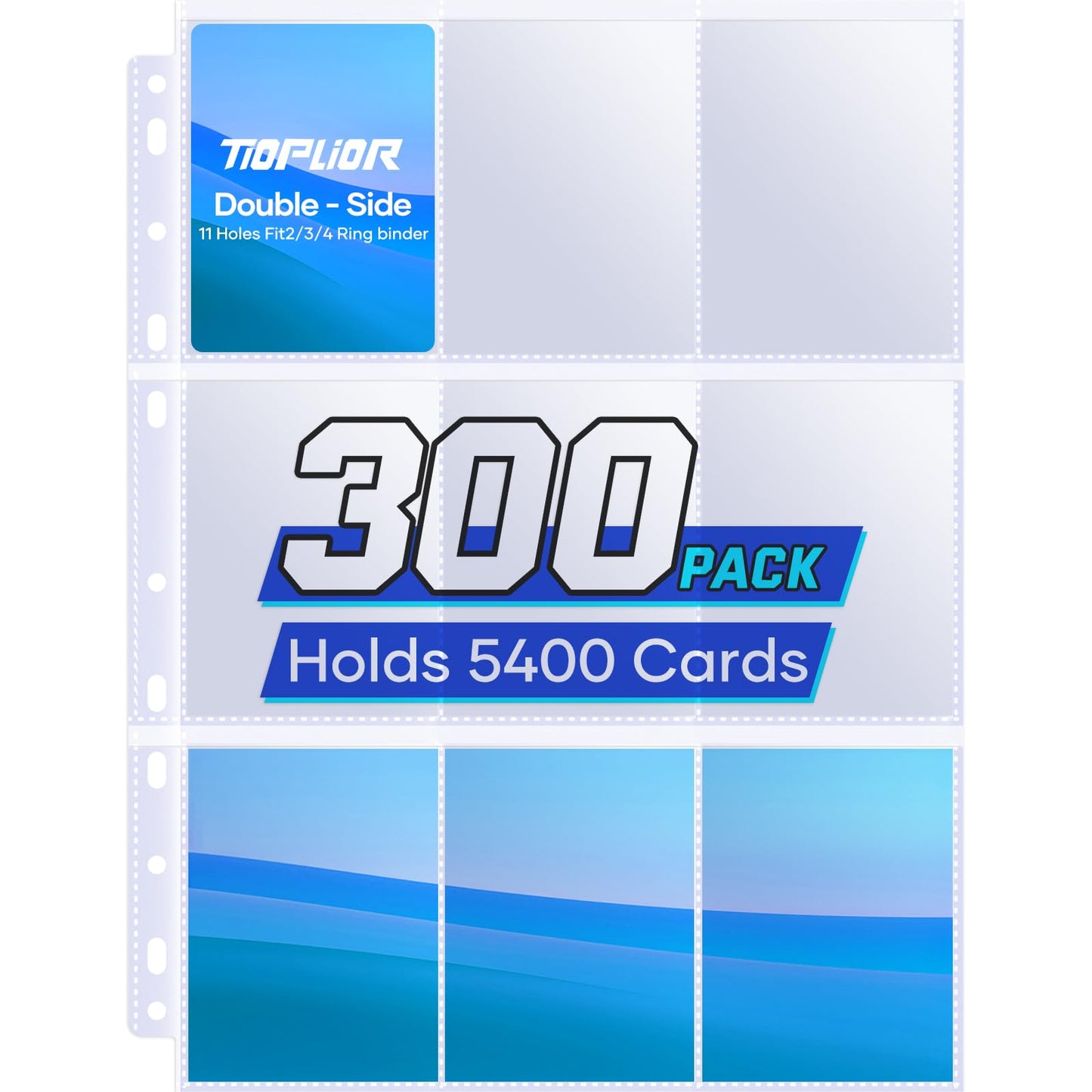 Tioplior 300 Pack Trading Card Sleeve Pages,9 Pockets Double Sided Binder Sheets For 3 Ring Binder,Hold 5400 Cards Fit For Mtg,T