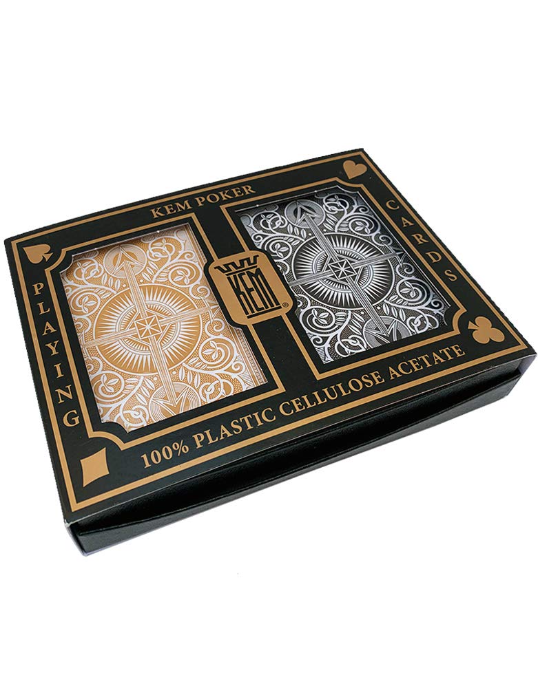 Kem Arrow Poker Size Playing Cards: 2 Deck Set Black And Gold, Wide Jumbo Index