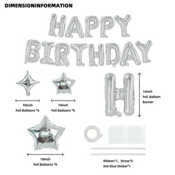 Toniful 35Pcs Silver Happy Birthday Decorations 16 Inch Happy Birthday Balloon Banner With Star Balloons Mylar Foil Birthday Par
