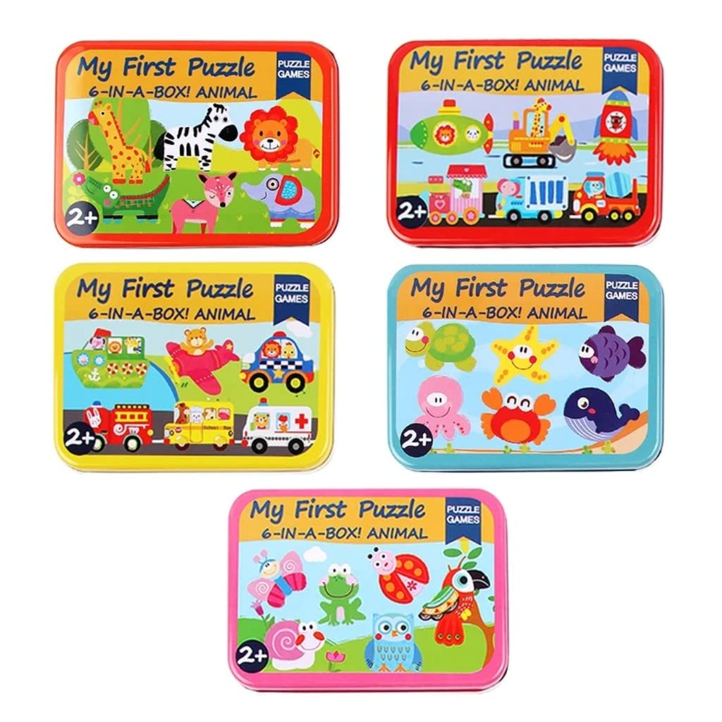 Rvm Toys Wooden Floor Puzzles For Toddlers And 1 Year Olds 6 In 1 Beginner Jigsaw Puzzle Set Of 5 With Tin Box Multicolor