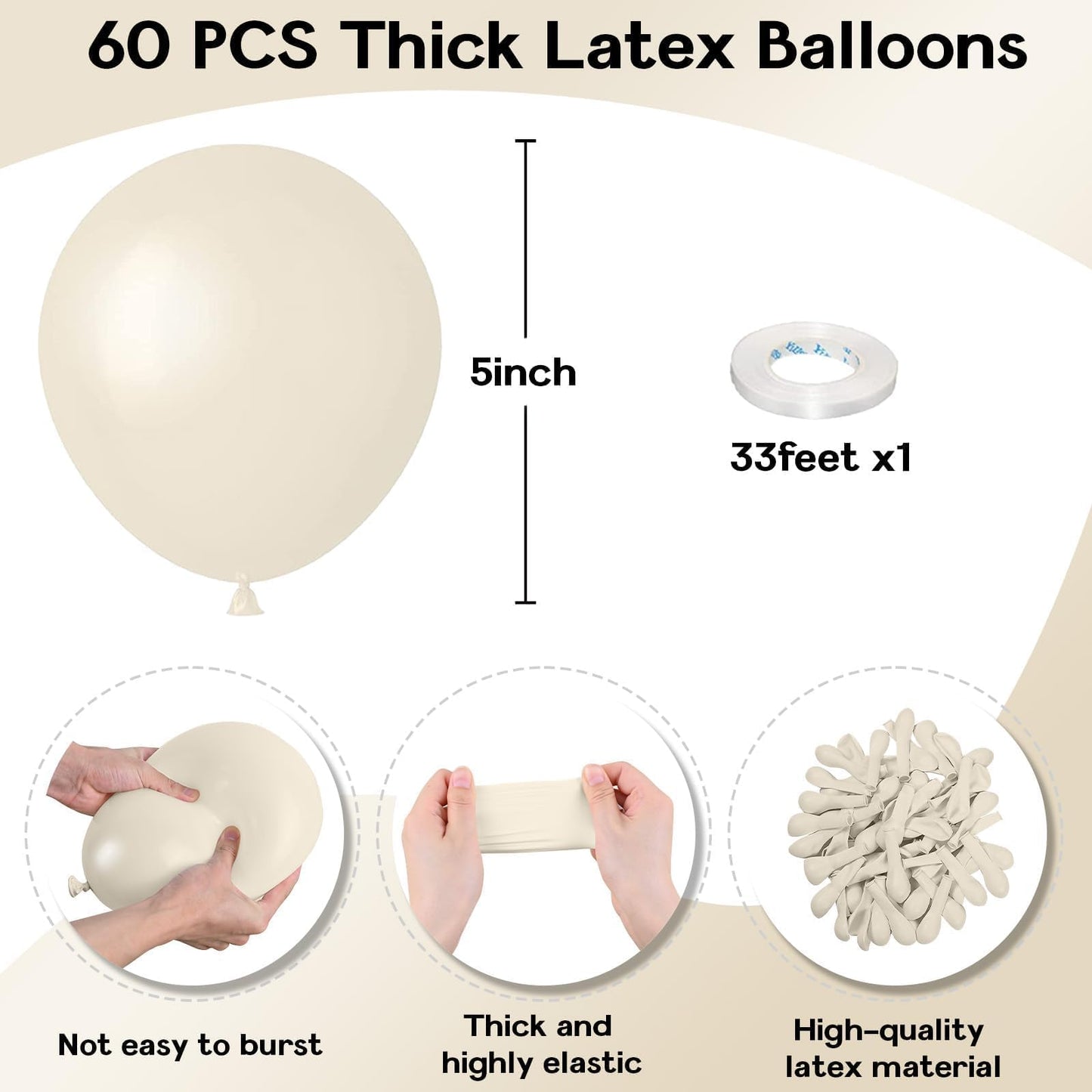 Jobkoo White Sand Balloons 5 Inch, 60 Pcs Small Beige Balloon Boho White Latex Cream Balloons 5'' Mini Matte Retro Off White Neu