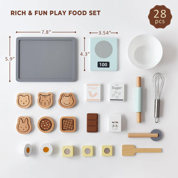 PairPear Wooden Toy Cookies and Baking Set,Kids 28 Pieces Play Food Toy Kitchen Playset,Pretend Play Kitchen Accessories Gift fo